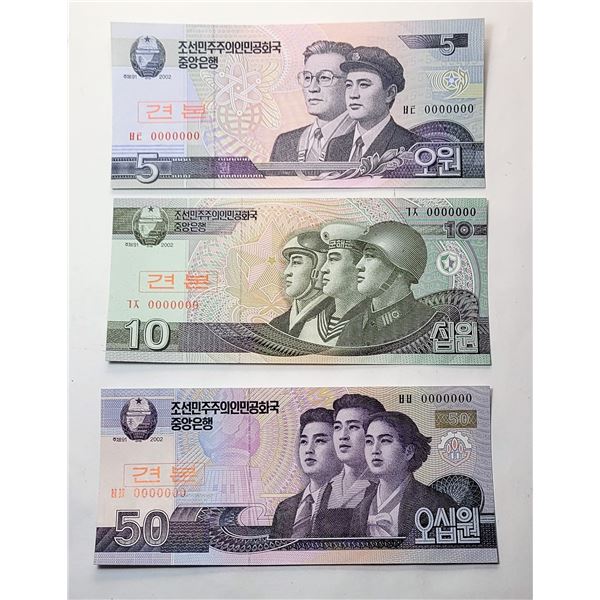 14)  LOT OF 3 NORTH KOREA SPECIMEN 3, 5 & 10 WON BANKNOTES.