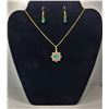 Image 1 : 33)  GOLD TONE WITH TURQUOISE RHINESTONE OPEN FILAGREE FLOWER PENDANT ON 18" CHAIN AND COORDINATING 