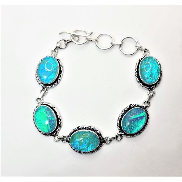 9)  STAMPED 925 SILVER AQUA BLUE AUSTRALIAN FIRE OPAL OVAL CUT BRACELET WITH TOGGLE CLOSURE