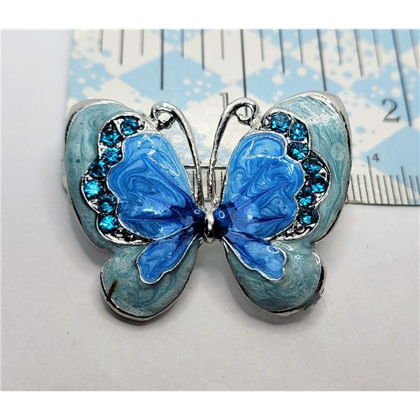 27)  SHADES OF BLUE ENAMEL WITH RHINESTONES SILVER TONE BUTTERFLY BROOCH