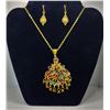 Image 1 : 35)  GOLD TONE AND MULTI COLORED RHINESTONE PEACOCK PENDANT ON 20" CHAIN AND COORDINATING DROP EARRI
