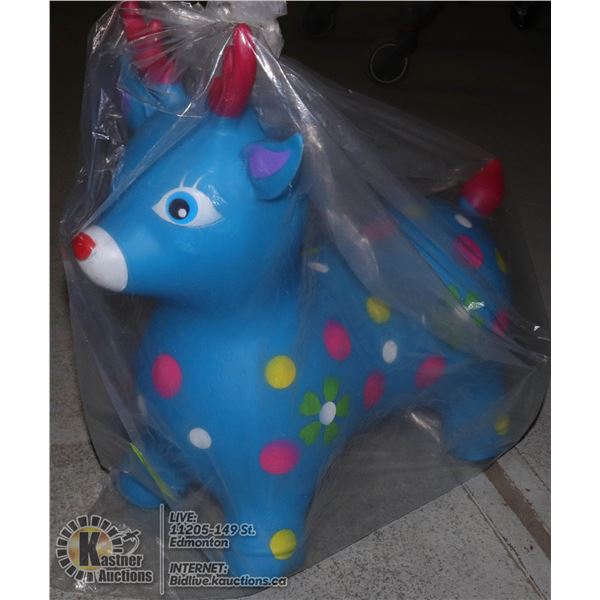 TODDLER BLUE BOUNCY TOY SHAPED LIKE AN ANIMAL WITH POKA DOTS