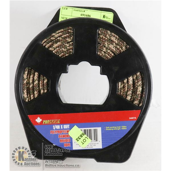 NEW 1/4" X 65' DIAMOND BRAIDED ROPE