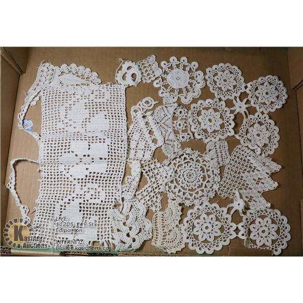 FLAT OF ASSTD CROCHET DOILIES. ESTATE.
