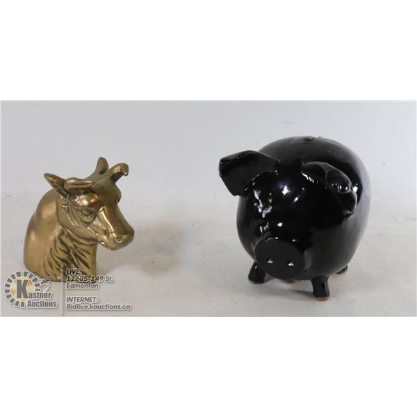 SIGNED CERAMIC PIGGY BANK & BRASS BULL BOTTLE OPENER.