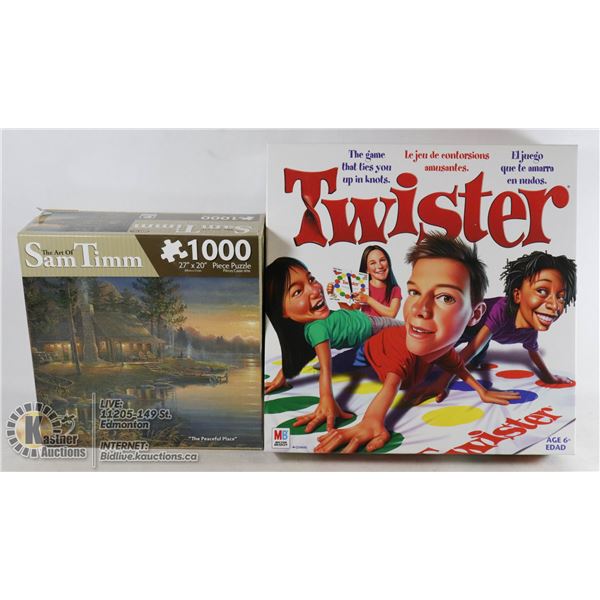ART OF SAM TIMM 1000 PC PUZZLE & VINTAGE TWISTER GAME.