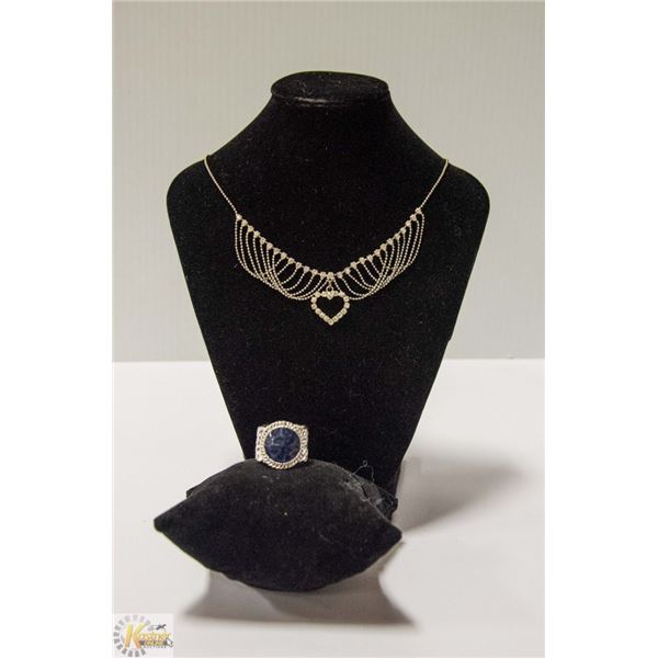 SILVER RHINESTONE HEART NECKLACE WITH RING