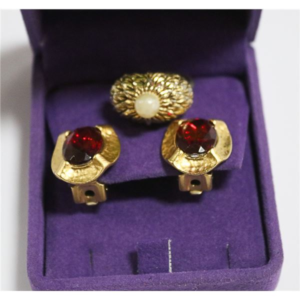 VINTAGE RED RHINESTONE EARRINGS AND PEARL RING