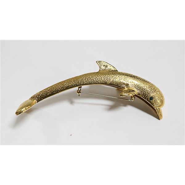 LARGE GOLD BLUE EYED DOLPHIN BROOCH