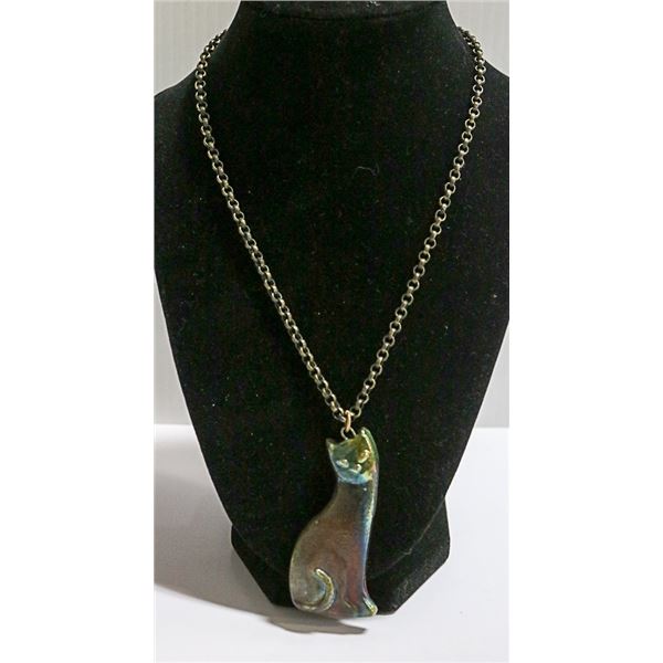 VINTAGE RAKU CAT NECKLACE LONG BANISHED HEAVY LINK
