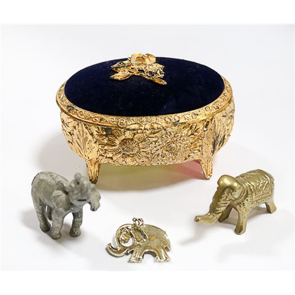 VINTAGE ELEPHANTS IN BRASS TREASURE BOX