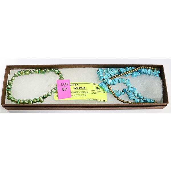 CULTURED GREEN PEARL AND TURQUOISE BRACELETS