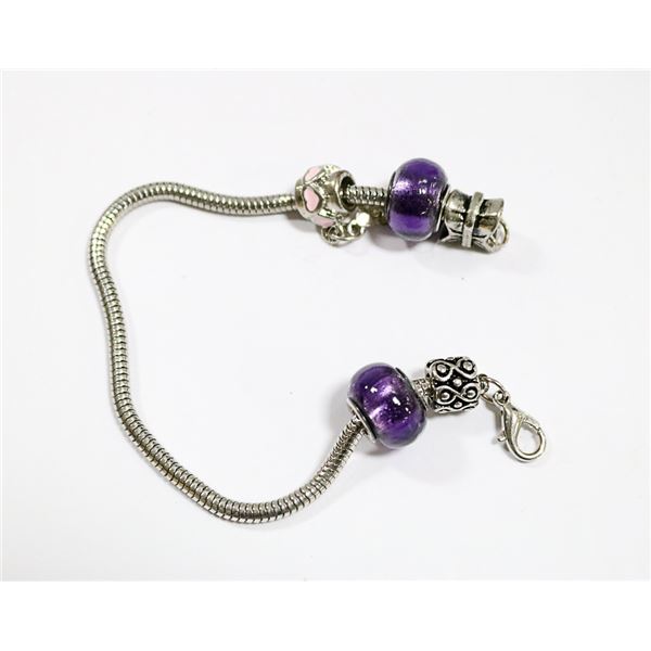 VINTAGE PURPLE GLASS PANDORA STYLE BRACELET