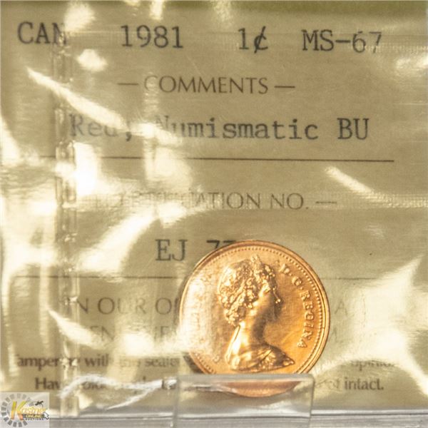 1981 CANADIAN 1 CENT COIN CERTIFIED ICCS MS-67 RED