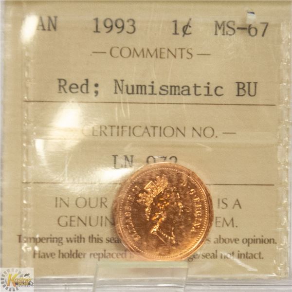 1993 CANADIAN 1 CENT COIN CERTIFIED ICCS MS-67 RED