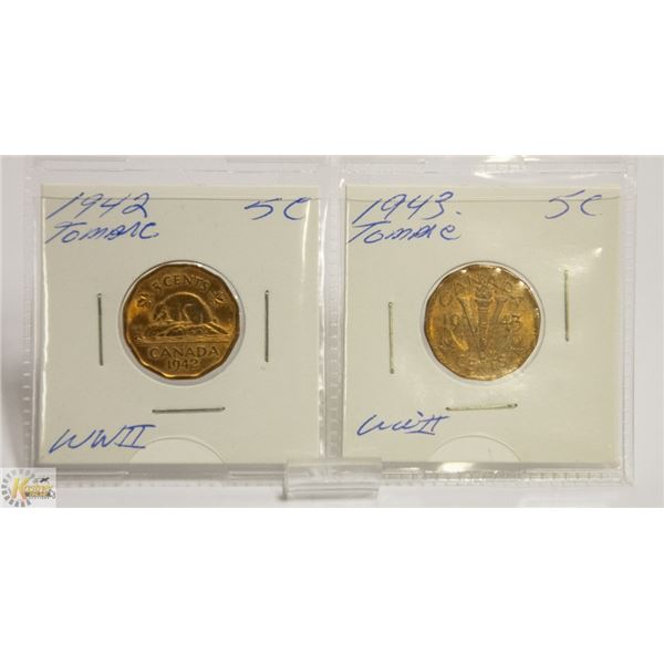 1942,43, TOMBAC WWII CANADIAN 5 CENT COINS