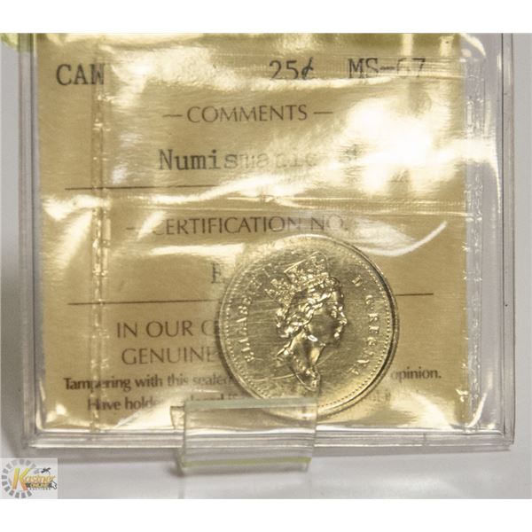 1999 CANADIAN 25 CENT COIN CERTIFIED ICCS MS-67
