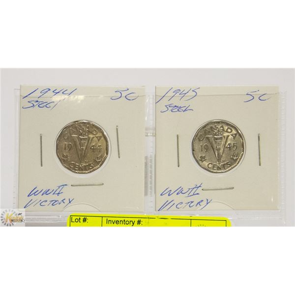 1944, 45 STEEL WWII VICTORY CANADIAN 5 CENT COINS
