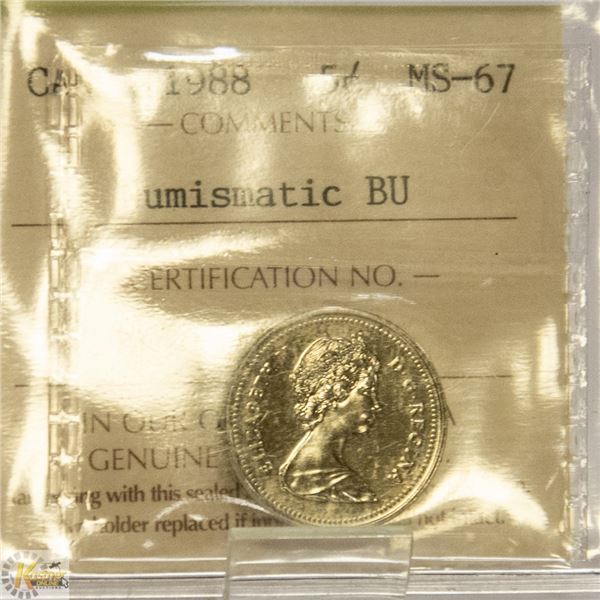 1988 CANADIAN 5 CENT COIN CERTIFIED ICCS MS-67