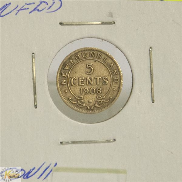 1908 NEWFOUNDLAND EVII SILVER 5 CENT COIN
