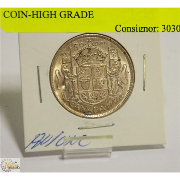 1942 CANADIAN GVI SILVER 50 CENT COIN-HIGH GRADE