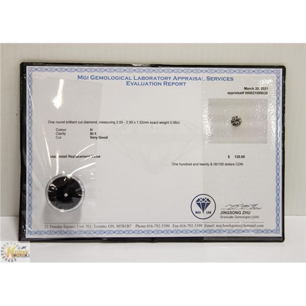 MGI LAB APPRAISED COA GENUINE 0.06ct DIAMOND