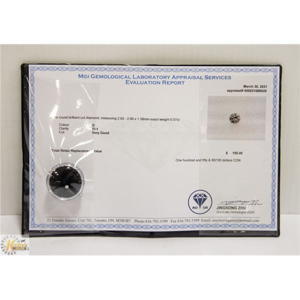 MGI LAB APPRAISED COA GENUINE 0.07ct DIAMOND