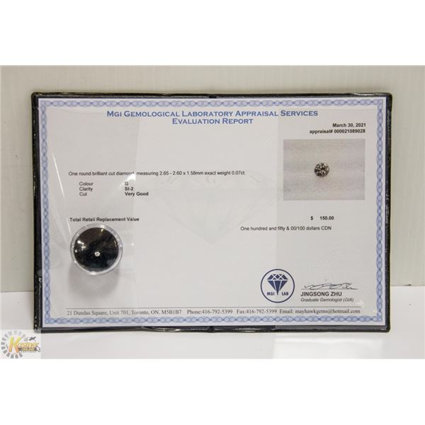 MGI LAB APPRAISED COA GENUINE 0.07ct DIAMOND