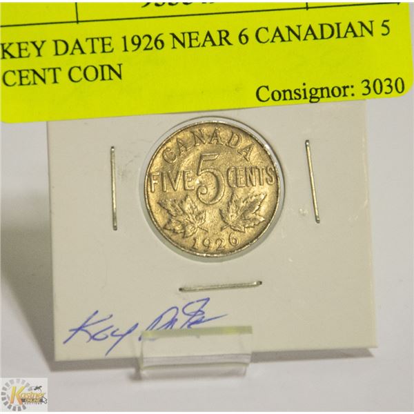 KEY DATE 1926 NEAR 6 CANADIAN 5 CENT COIN
