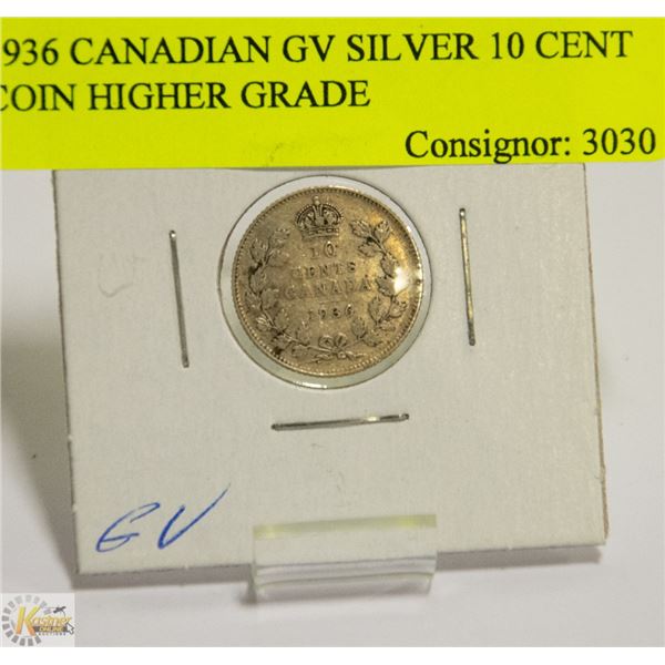 1936 CANADIAN GV SILVER 10 CENT COIN HIGHER GRADE