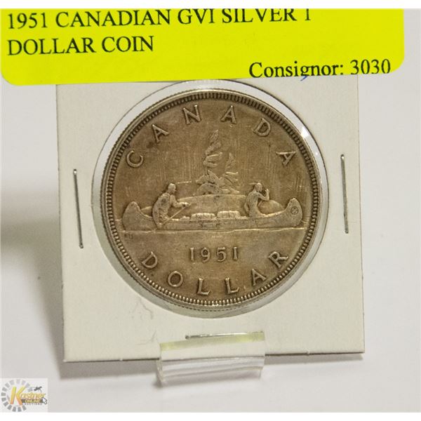 1951 CANADIAN GVI SILVER 1 DOLLAR COIN