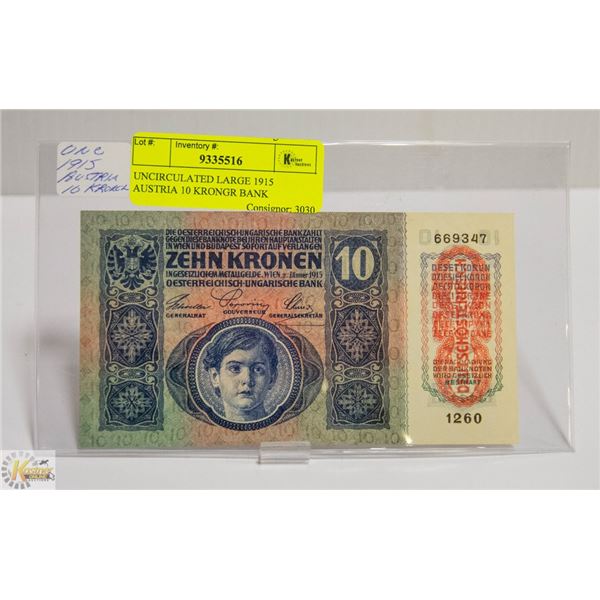 UNCIRCULATED LARGE 1915 AUSTRIA 10 KRONGR BANK
