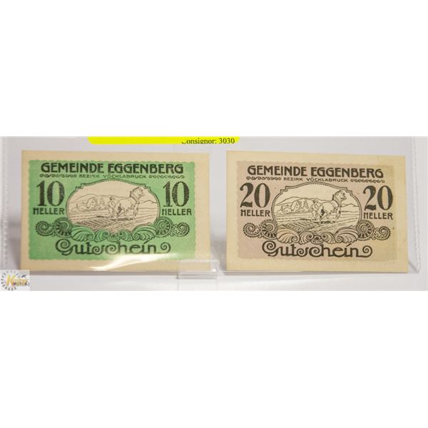 UNC 1920 AUSTRIA 10 & 20 HELLER NOTED BANK NOTES