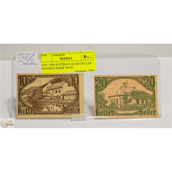 UNC 1920 AUSTRIAN 10, $20 HELLER NOTGELT BANK NOTE