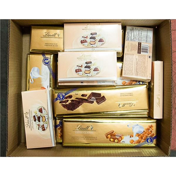 BOX LOT OF VARIOUS TYPES OF LINDT SWISS CHOCOLATE