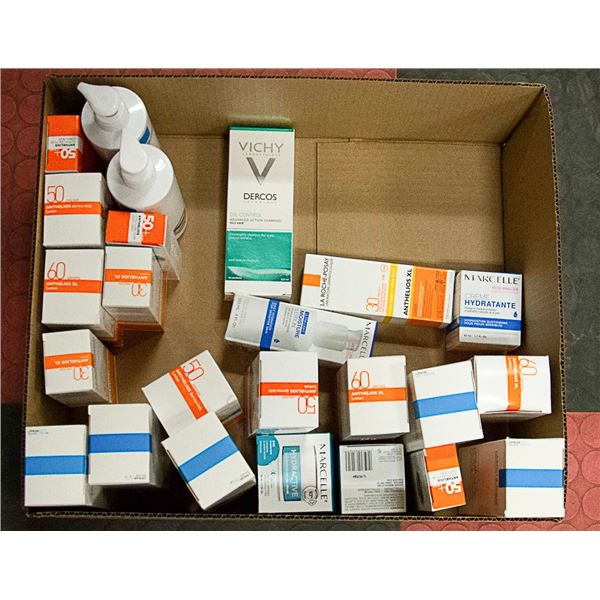 BOX OF SPF LOTION AND OTHER SKIN CARE PRODUCTS