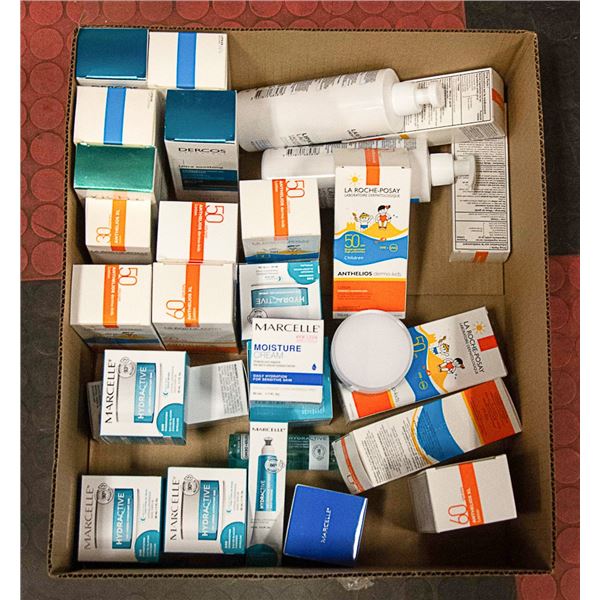 BOX OF SPF LOTION AND OTHER SKIN CARE PRODUCTS