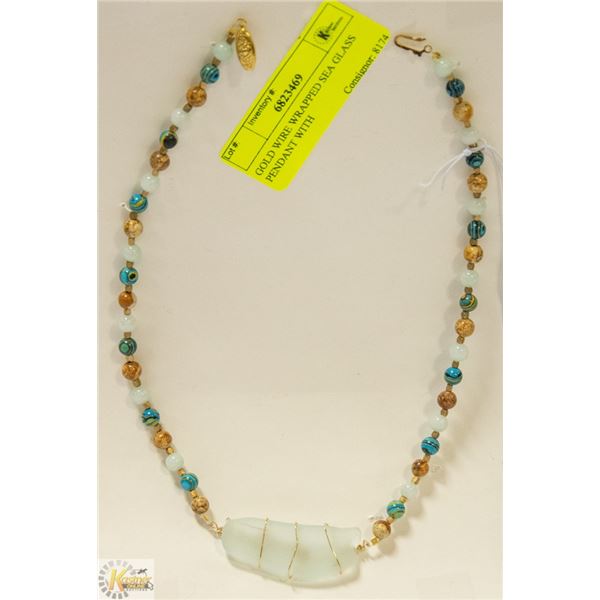 GOLD WIRE WRAPPED SEA GLASS PENDANT WITH