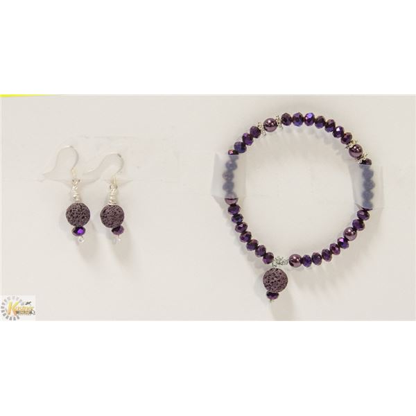8" BRACELET & EARRING SET. PURPLE FACETED GLASS