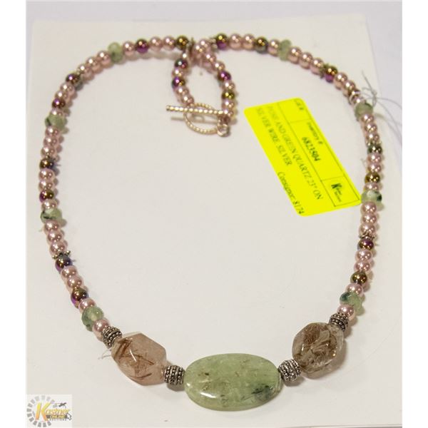 ROSE AND GREEN QUARTZ 23" ON SILVER WIRE. SILVER