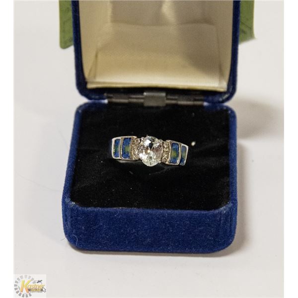 925 SILVER RING SZ8 DIAMOND SAPPHIRE CENTRE