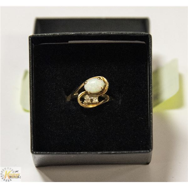 10K GOLD RING SZ 6.5 FIRE OPAL WITH 2 DIAMONDS