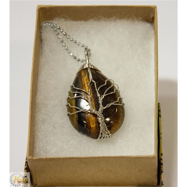 TIGERS EYE STONE TREE OF LIFE NECKLACE STAMPED