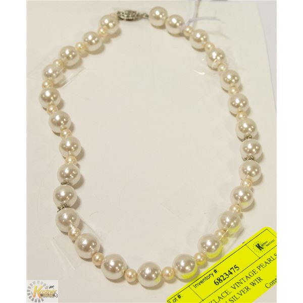 17" NECKLACE. VINTAGE PEARLS STRUNG ON SILVER