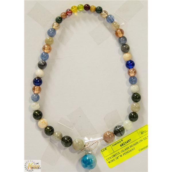 COLORFUL GLASS BEADS ON SILVER WIRE 18" W PENDANT