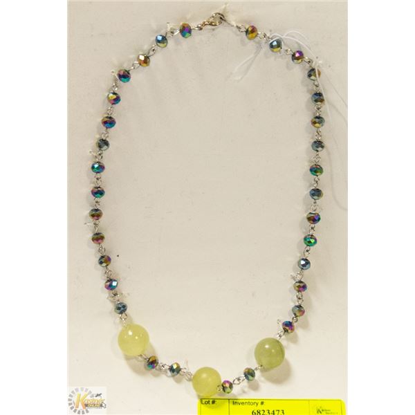 18" NECKLACE OF FACETED IRIDESCENT BEADS AND 3