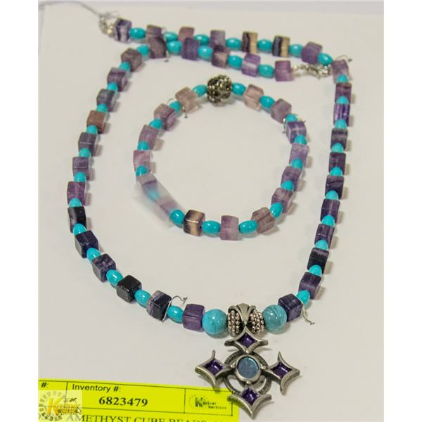 MOSSY AMETHYST CUBE BEADS. 18" NECKLACE.8"BRACEL