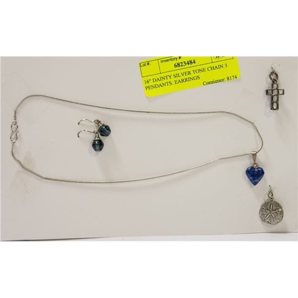 16" DAINTY SILVER TONE CHAIN 3 PENDANTS. EARRINGS