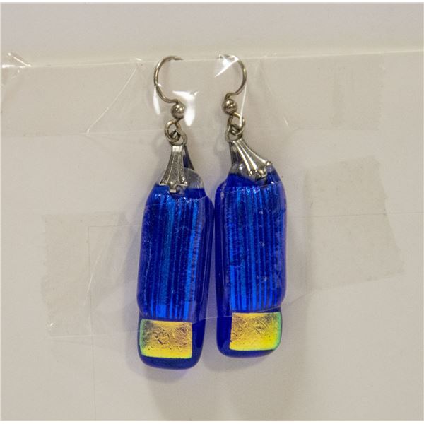 GLASS EARRINGS 1.5" DROP. ROYAL BLUE WITH GOLD