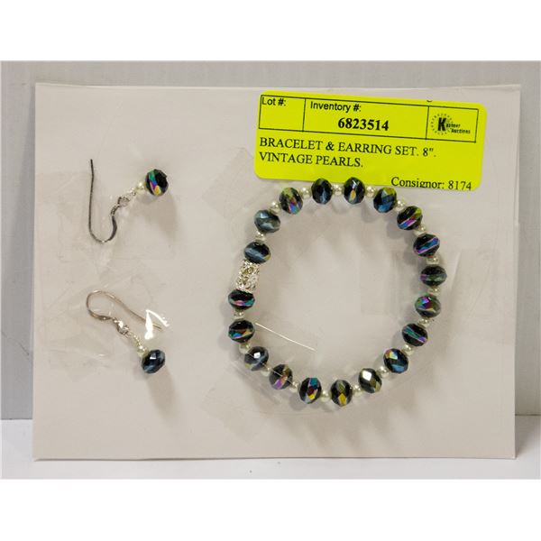 BRACELET & EARRING SET. 8" VINTAGE PEARLS.